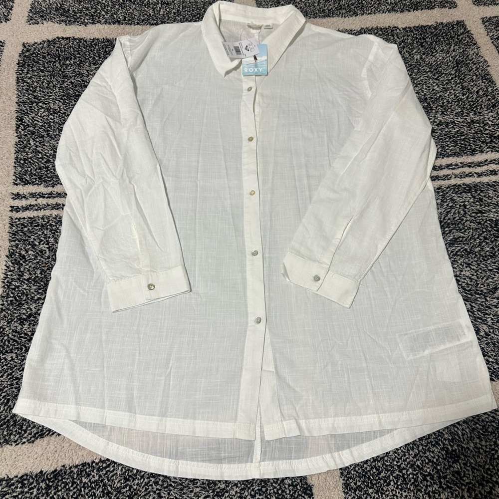 Roxy Women’s Morning Time White Gauze Button Down Shirt Relaxed Fit XL